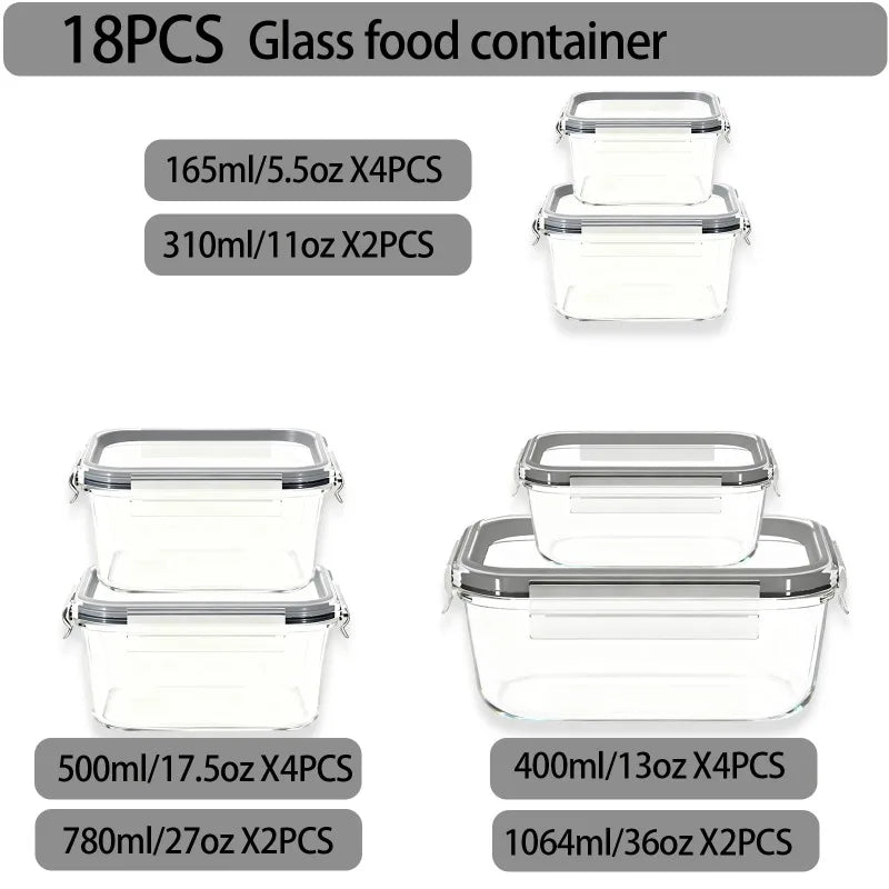 18 Pack Glass Food Storage Containers Set with Airtight Lids Leakproof Glass Meal Prep Containers Stackable Food Preservation Box BPA-Free Portable Food Storage Container