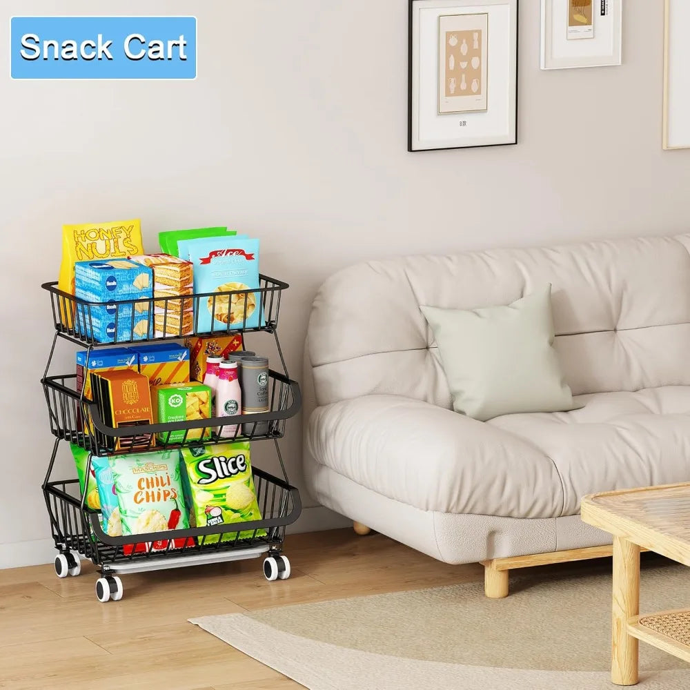 3-Tier Rolling Pantry Floor Organizer, Stackable Pantry Storage Cart with Wheels, Metal Wire Pantry Baskets, Kitchen Fruit Basket