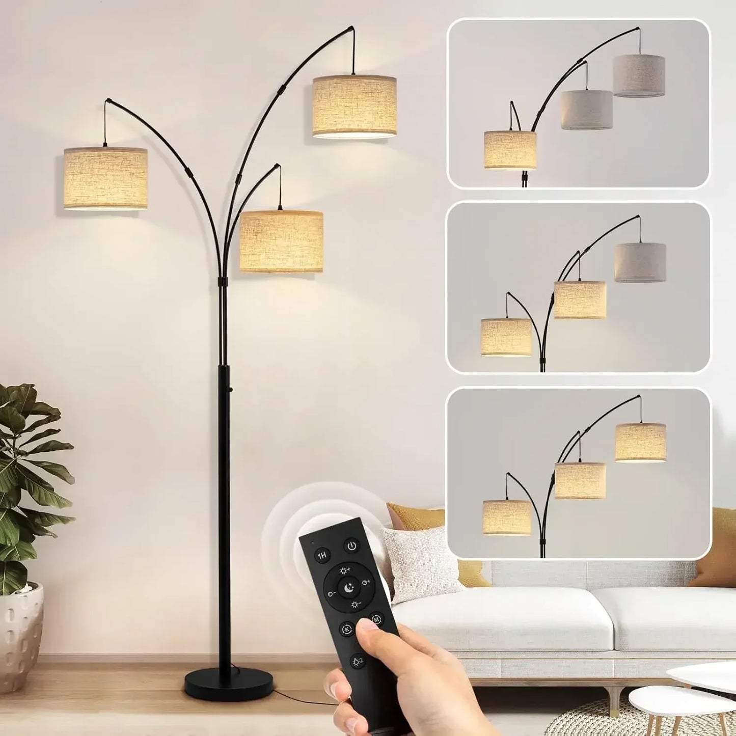 Arc Floor Lamp, 3 Light Floor Lamp with Remote, 2400LM Super Bright Tall Standing Lamp with 3 Color Temps & Dimmable, 80" Mid Ce