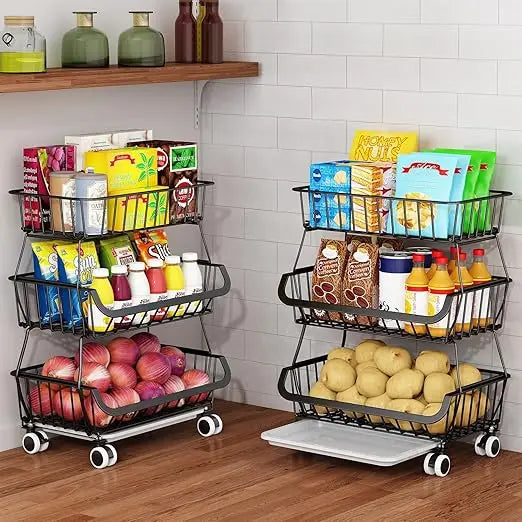 3-Tier Rolling Pantry Floor Organizer, Stackable Pantry Storage Cart with Wheels, Metal Wire Pantry Baskets, Kitchen Fruit Basket