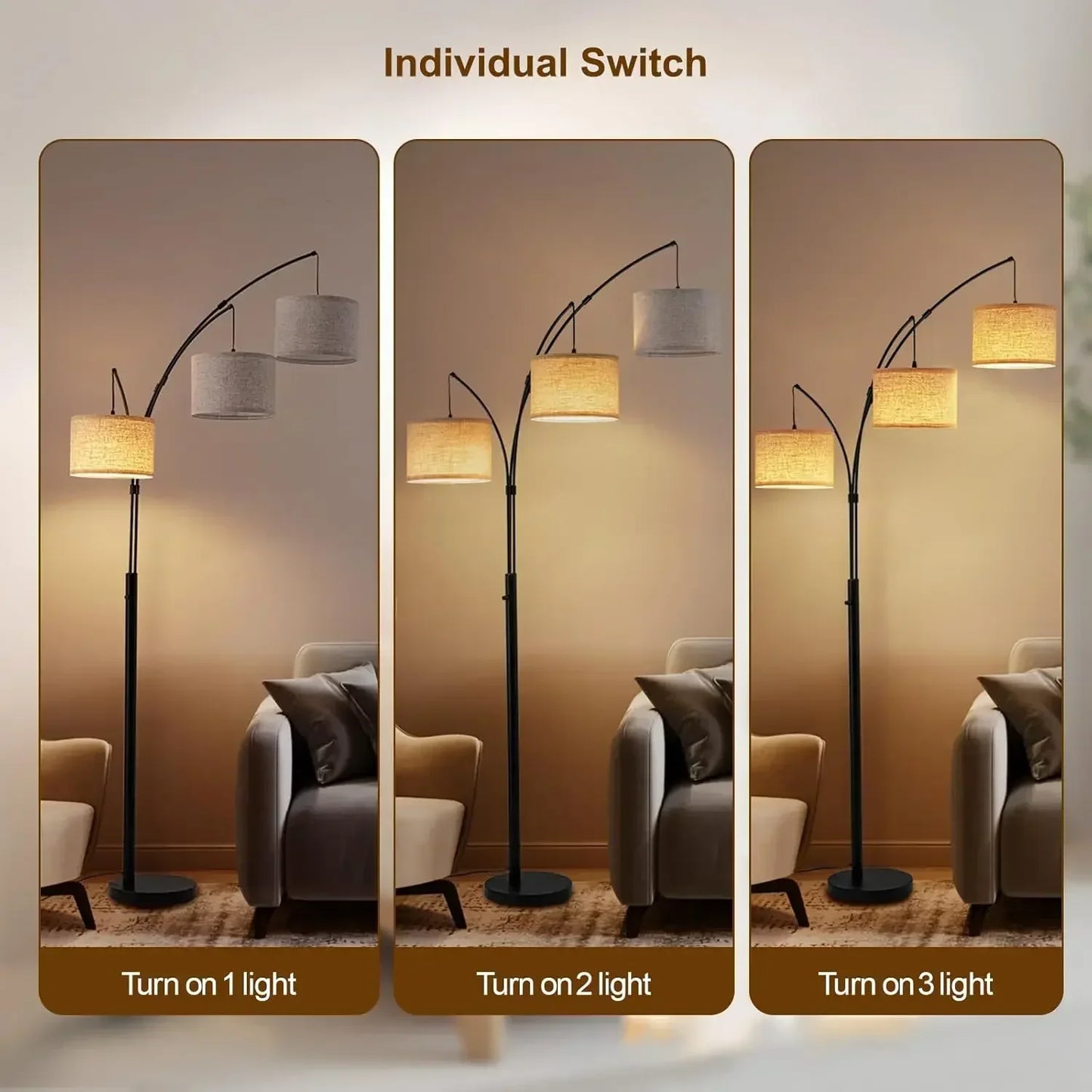 Arc Floor Lamp, 3 Light Floor Lamp with Remote, 2400LM Super Bright Tall Standing Lamp with 3 Color Temps & Dimmable, 80" Mid Ce