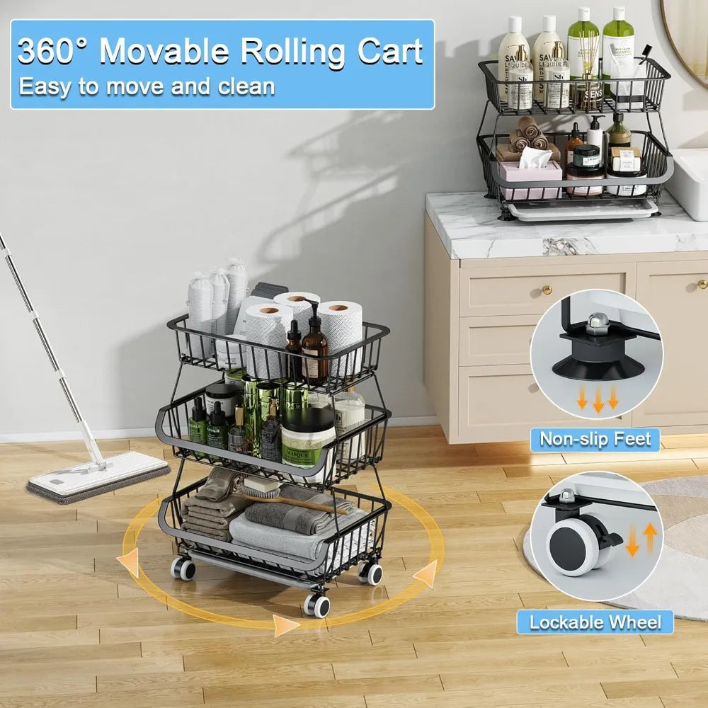 3-Tier Rolling Pantry Floor Organizer, Stackable Pantry Storage Cart with Wheels, Metal Wire Pantry Baskets, Kitchen Fruit Basket