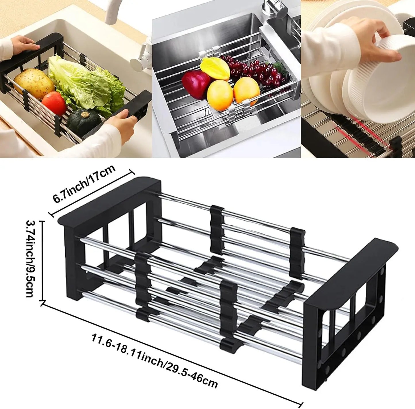 Adjustable Stainless Steel Kitchen Sink Drain Basket Telescopic Dish Drying Rack Fruit Vegetable Drainer Tray Storage Organizer