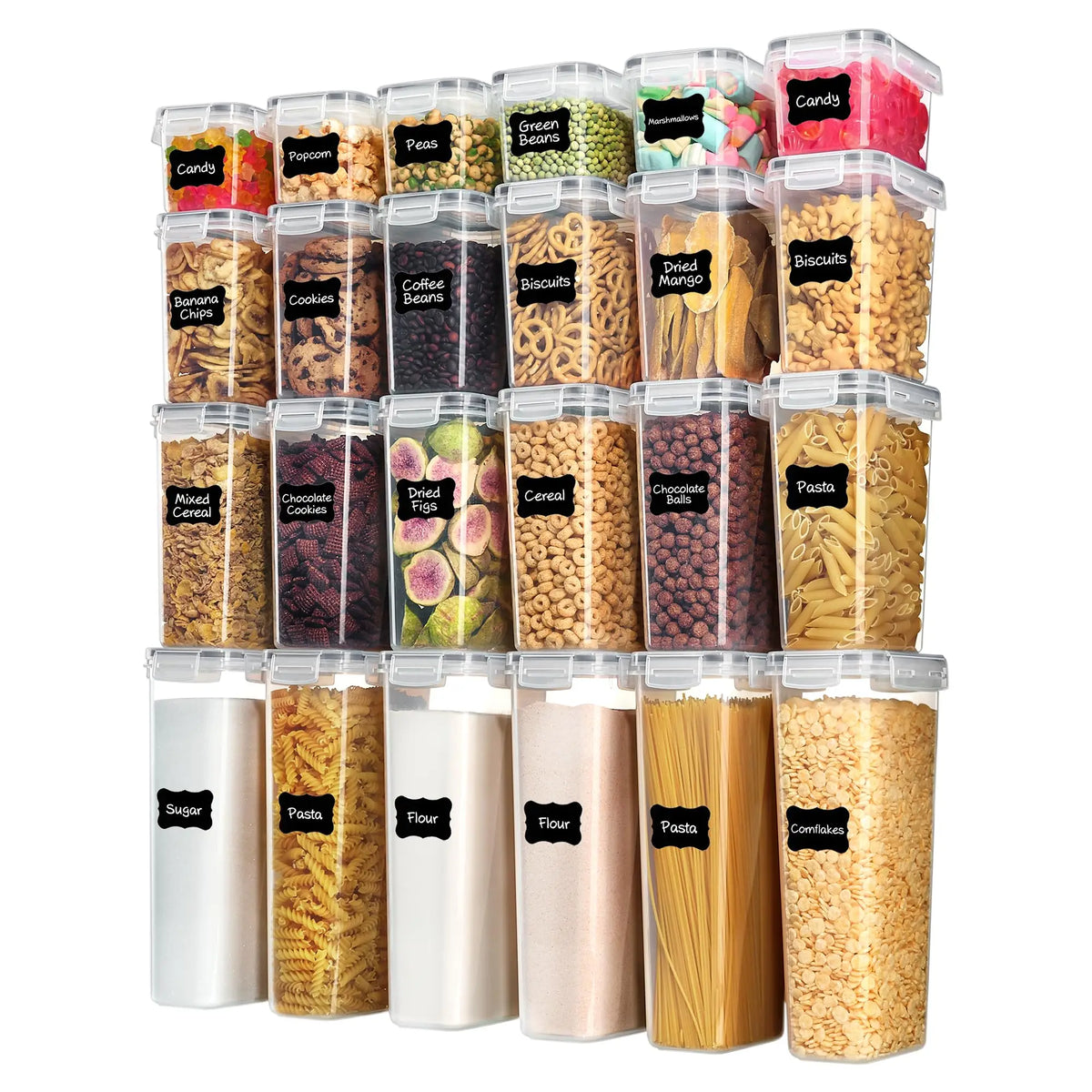 Airtight Food Storage Containers with Lids, 24 pcs, Black | For Cereal Pasta Snack Flour Sugar, BPA Free, Airtight Seal, Multiple Sizes, Dishwasher Safe (Not Lids), Includes 24 Labels