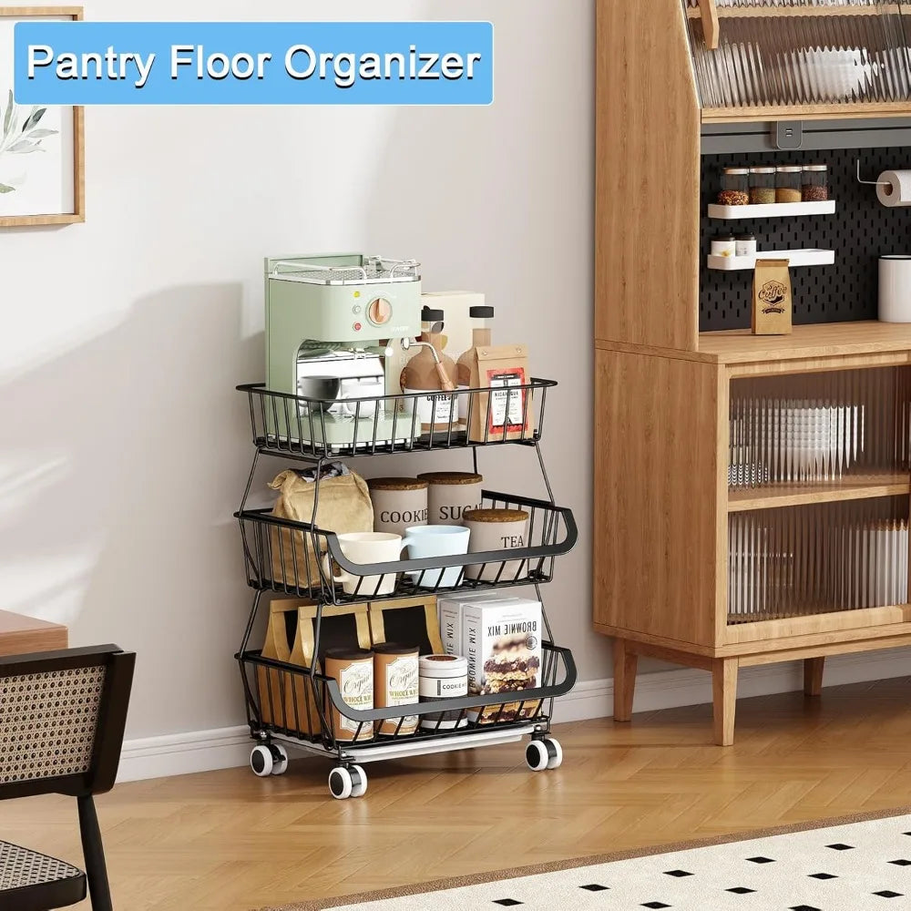 3-Tier Rolling Pantry Floor Organizer, Stackable Pantry Storage Cart with Wheels, Metal Wire Pantry Baskets, Kitchen Fruit Basket