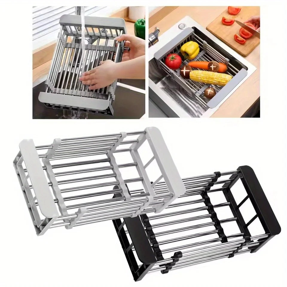 Adjustable Stainless Steel Kitchen Sink Drain Basket Telescopic Dish Drying Rack Fruit Vegetable Drainer Tray Storage Organizer