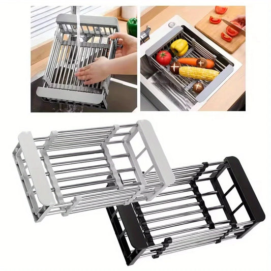 Adjustable Stainless Steel Kitchen Sink Drain Basket Telescopic Dish Drying Rack Fruit Vegetable Drainer Tray Storage Organizer