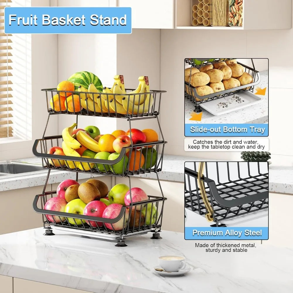 3-Tier Rolling Pantry Floor Organizer, Stackable Pantry Storage Cart with Wheels, Metal Wire Pantry Baskets, Kitchen Fruit Basket