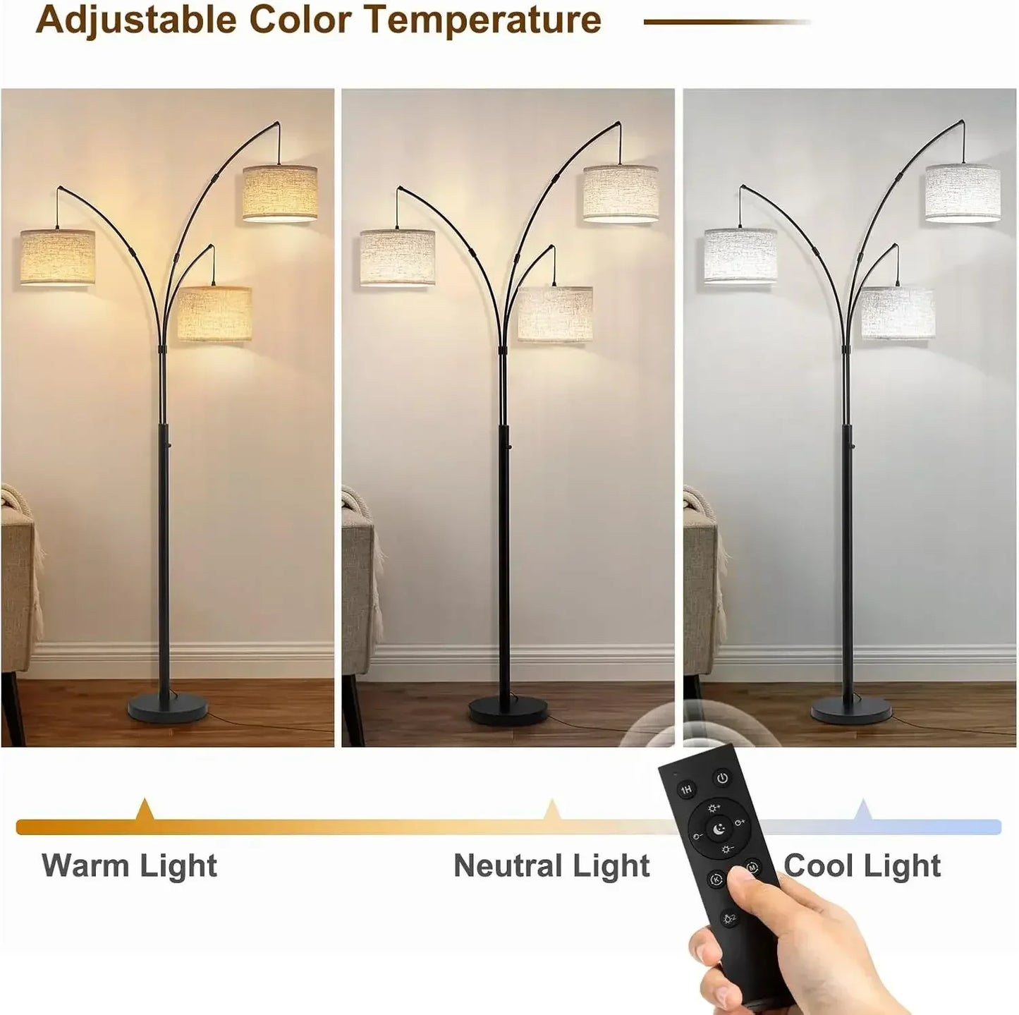 Arc Floor Lamp, 3 Light Floor Lamp with Remote, 2400LM Super Bright Tall Standing Lamp with 3 Color Temps & Dimmable, 80" Mid Ce