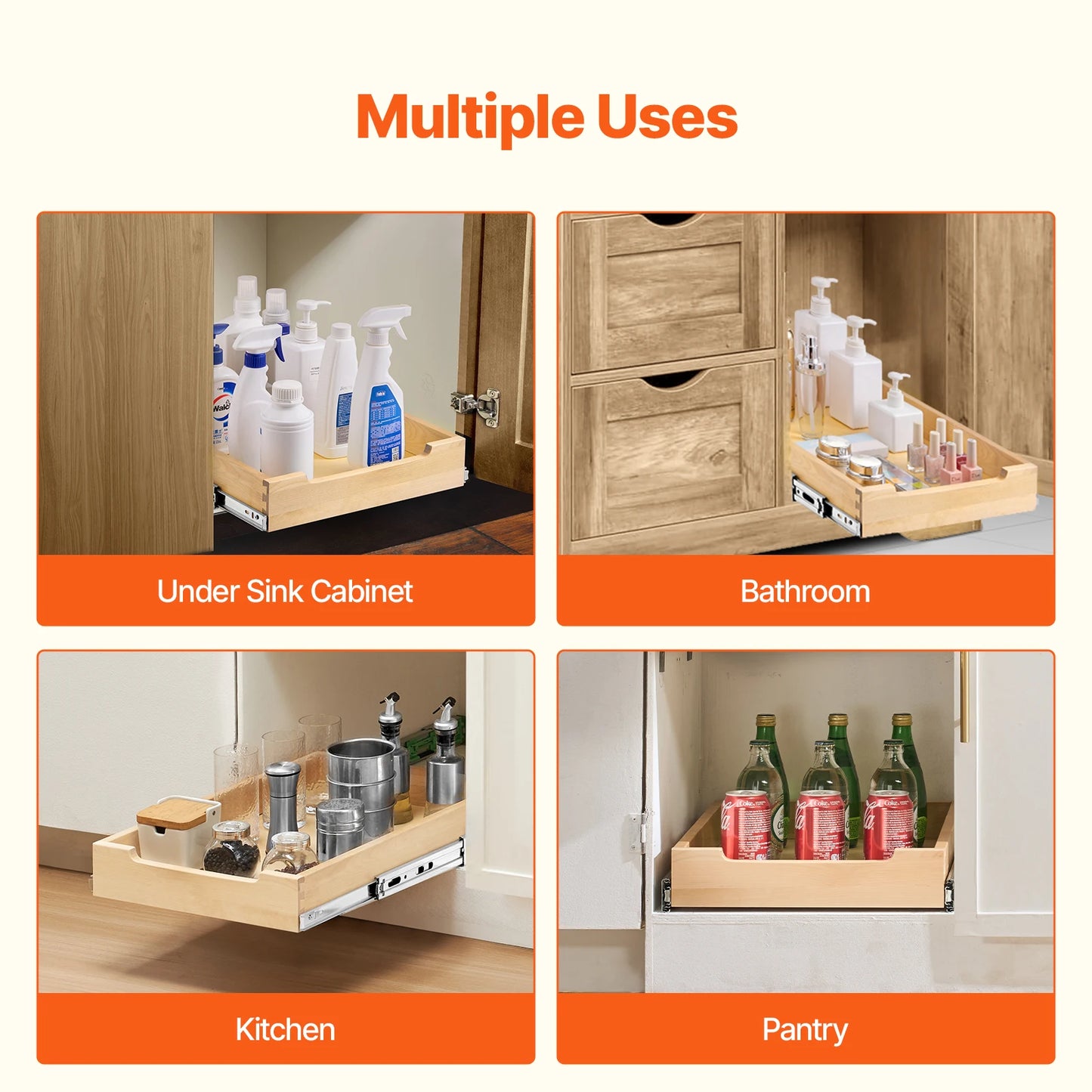 14-20inch Pull Out Cabinet Organizer Cabinet Drawer Slide out Shelf Sliding Wood Drawer for Kitchen Pantry Bathroom