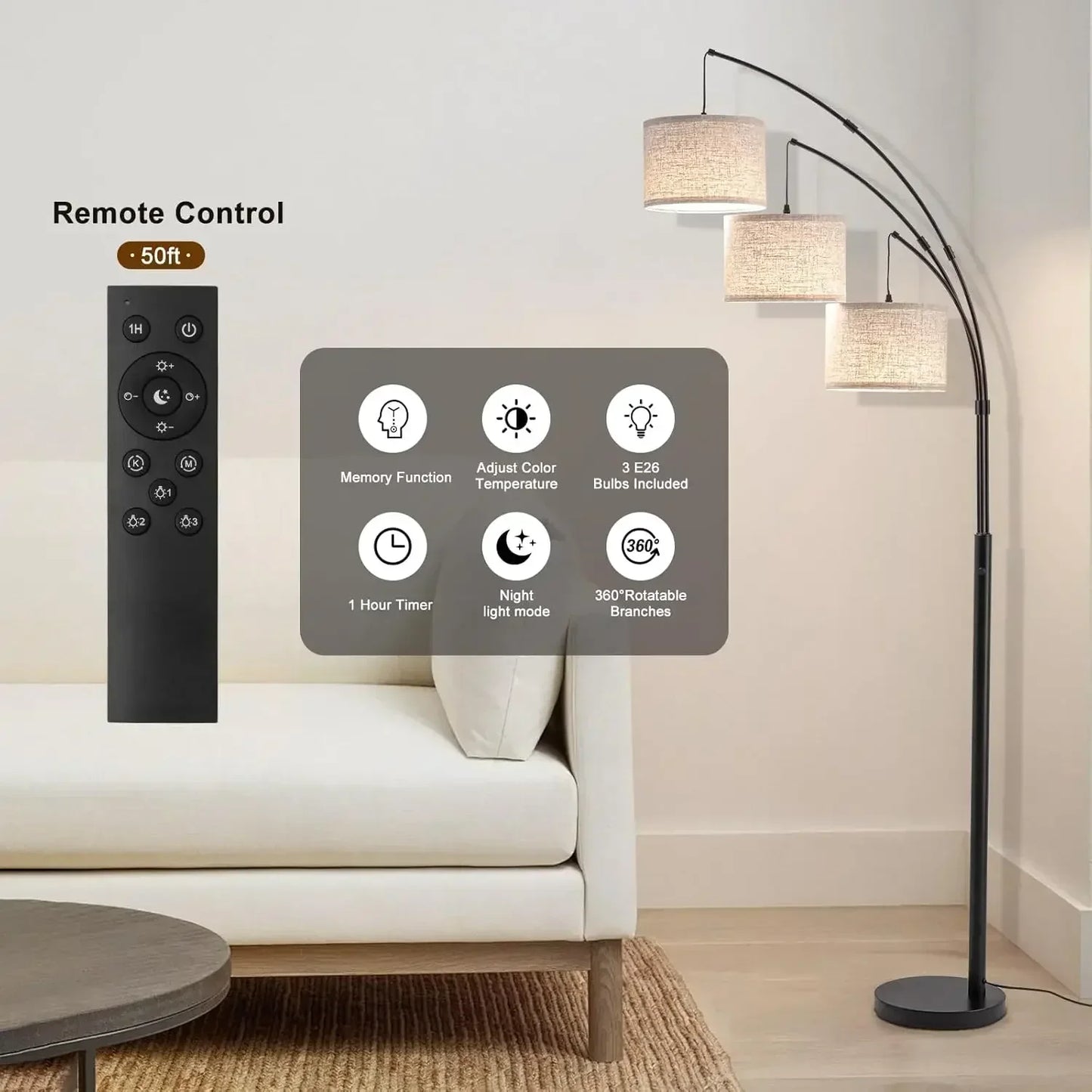 Arc Floor Lamp, 3 Light Floor Lamp with Remote, 2400LM Super Bright Tall Standing Lamp with 3 Color Temps & Dimmable, 80" Mid Ce