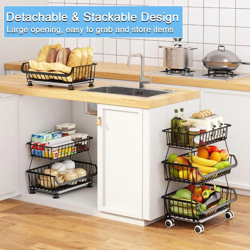 3-Tier Rolling Pantry Floor Organizer, Stackable Pantry Storage Cart with Wheels, Metal Wire Pantry Baskets, Kitchen Fruit Basket