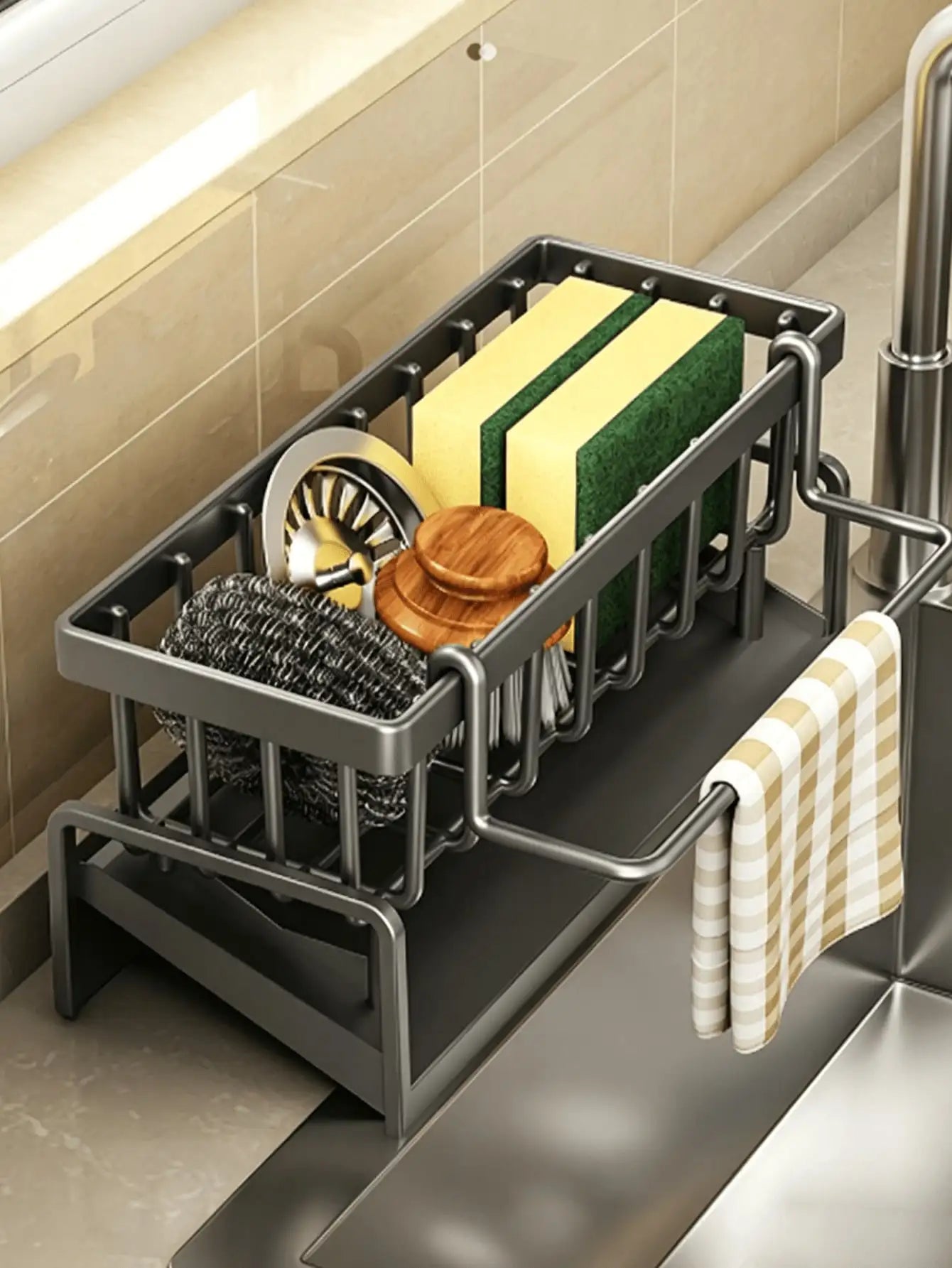 Multifunctional Sink Drain Rack, Sponge Holder, Kitchen Utensil Drainer, Spherical Metal Sink Dish Rack, Upgraded Carbon Steel Material. Kitchen Storage Rack, Sink Towel And Mat All Made Of Carbon Steel, Spherical Metal Sink